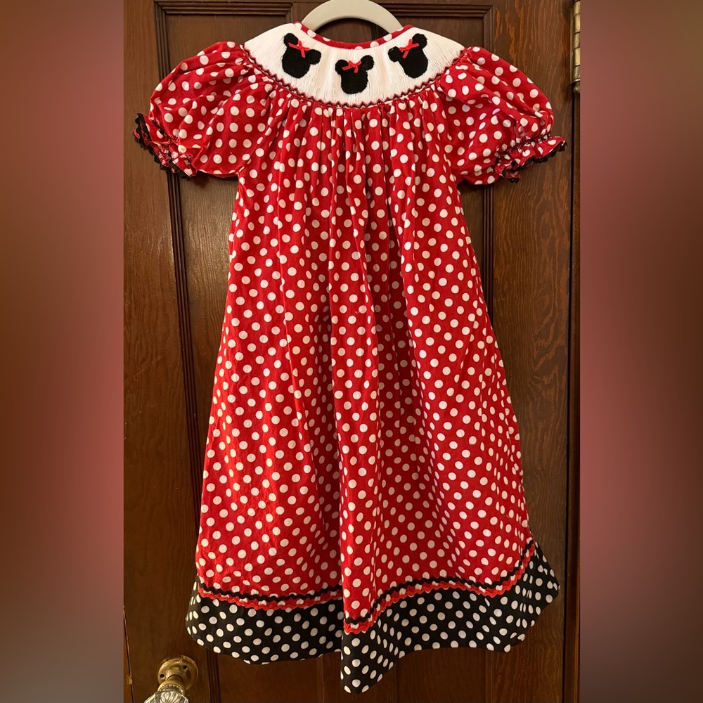 Girls Red and Black Polka Dot Hand Smocked Bishop Dress